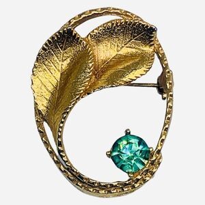 Vintage Gold Plated Leaf Brooch Pin Green Shimmering Round Crystal 1.5"